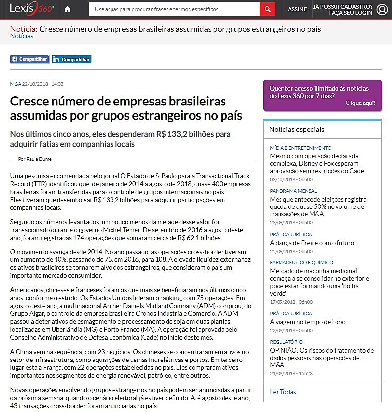 Cresce nmero de empresas brasileiras assumidas por grupos estrangeiros no pas